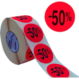 METO tiquette promotionnelle "-50%", rond, rouge fluo