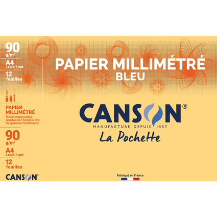 CANSON Papier millimtr, A4, 90 g/m2, couleur: bleu