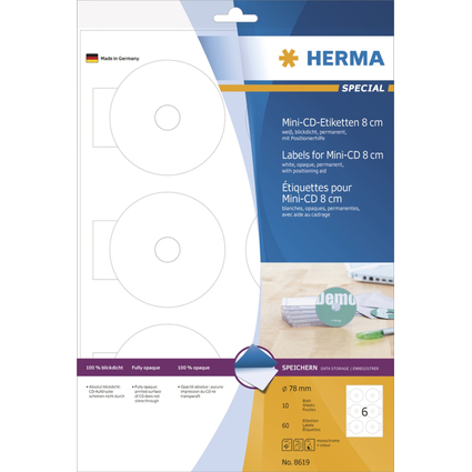 HERMA Etiquette pour mini CD/DVD SPECIAL, diamtre: 78 mm