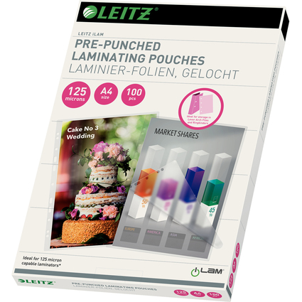 LEITZ Pochette de plastification, A4, trous de classement,