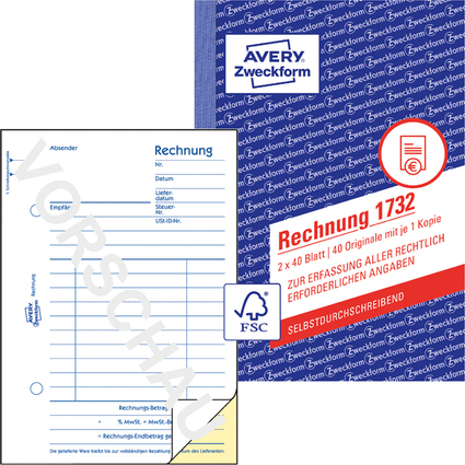 AVERY Zweckform Formularbuch "Rechnung", SD, 2 x 40 Blatt