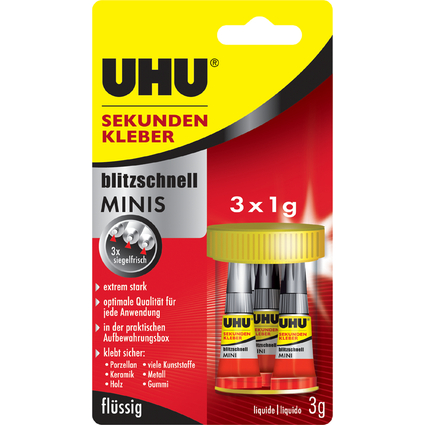 UHU Colle instantane blitzschnell MINIS, 3 tubes de 1 g