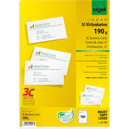 sigel Cartes de visite 3C, 85 x 55 mm, 190 g/m2, extra blanc