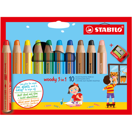 STABILO Crayon multi-talents woody 3 en 1, tui carton de 10