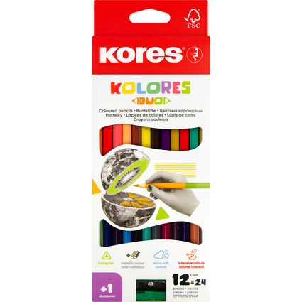 Kores Crayons de couleur "DUO", tui carton de 12 + taille-