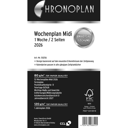 CHRONOPLAN Wochenplan 2026, 1 Woche/2 Seiten, Midi, Zahlen