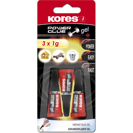 Kores colle instantane "PowerGlue" en gel, 3 tubes de 1 g,
