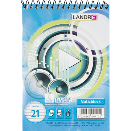 LANDR bloc-notes  spirale, A6, 40 feuilles, lign