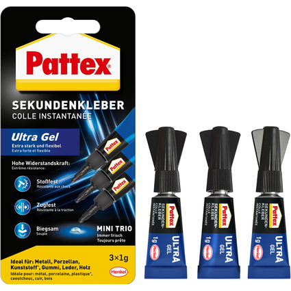 Pattex Colle instantane Ultra Gel MINI Trio, 3 tube de 1 g