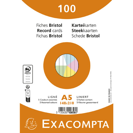 EXACOMPTA Fiches bristol, A5, lign, assorti