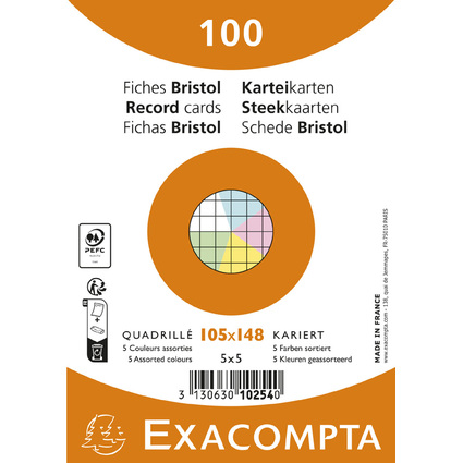 EXACOMPTA Fiches bristol, A6, quadrill, assorti