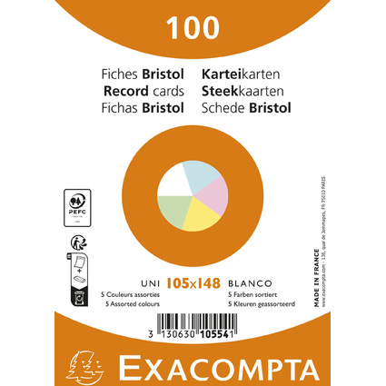 EXACOMPTA Fiches bristol, A6, uni, assorti