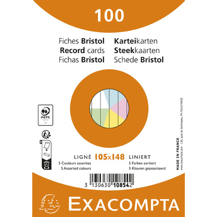 EXACOMPTA Fiches bristol, A6, lign, assorti