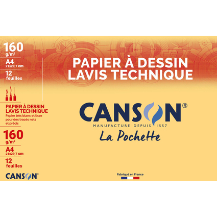 CANSON Papier  dessin Lavis technique, A4, 160 g/m2, blanc