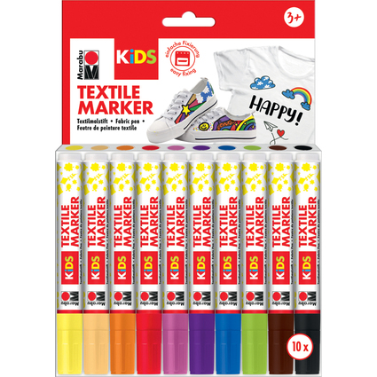 Marabu KIDS Marqueur pour textile, 10 x 3 ml, blister de 10