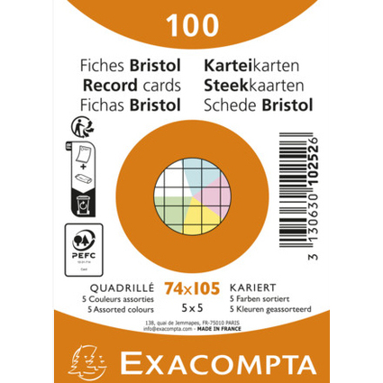 EXACOMPTA Fiches bristol, A7, quadrill, assorti