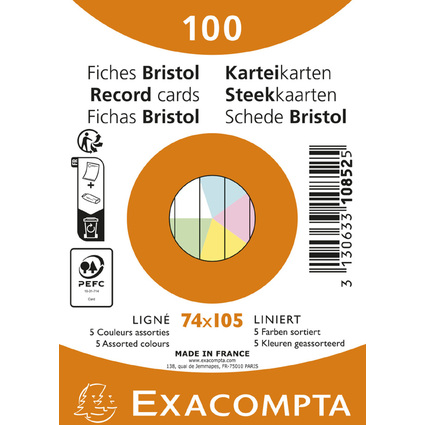 EXACOMPTA Fiches bristol, A7, lign, assorti