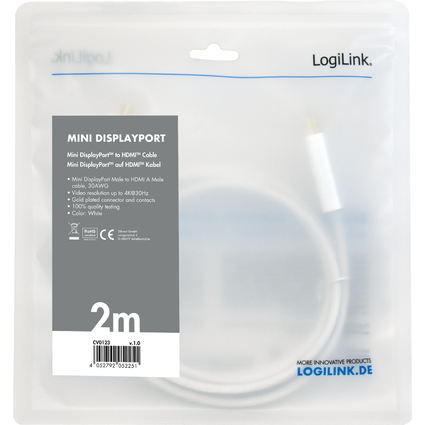LogiLink Cble Mini DisplayPort - HDMI, 4K, 2,0 m, blanc