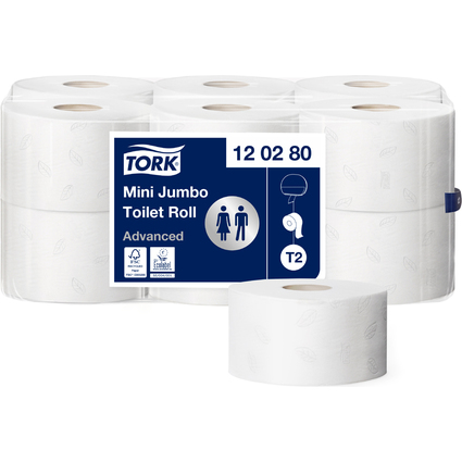 TORK Papier toilette en mini rouleau Jumbo, 2 couches, blanc