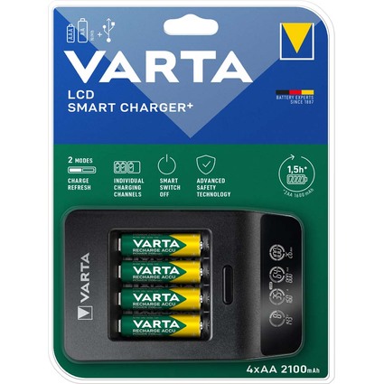 VARTA Chargeur LCD Smart Charger+, avec 4x piles Mignon AA