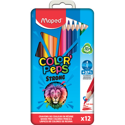 Maped Crayon de couleur COLOR'PEPS STRONG, tui mtal de 12