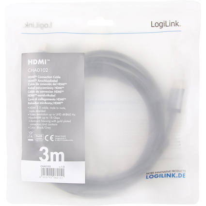 LogiLink Cble HDMI 2.0, fiche mle A - mle A, 3,0 m