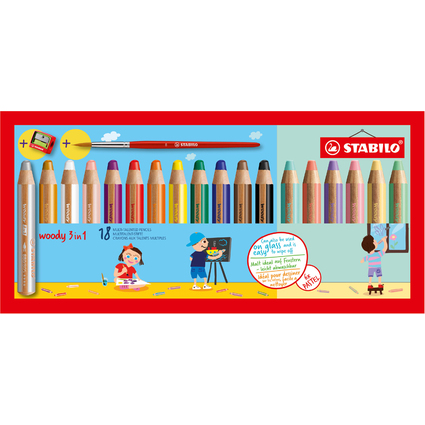 STABILO Crayon multi-talents woody 3 en 1, tui de 18 Pastel