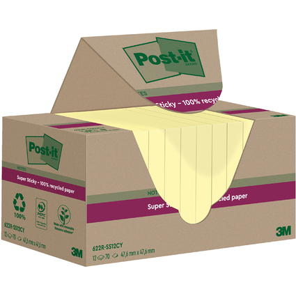 Post-it Super Sticky Recycling Notes, 47,6 x 47,6 mm, jaune