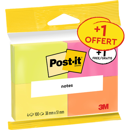 Post-it Bloc-note adhsif Notes, 38 x 51 mm, pack de 4