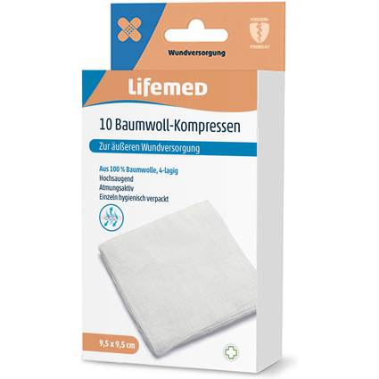 Lifemed Compresse de coton, 95 x 95 mm, blanc