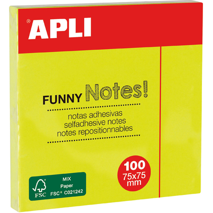 APLI Notes adhsives "FUNNY Notes!", 75 x 75 mm, jaune fluo