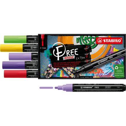 STABILO Marqueur acrylique FREE T300, set de 5 "Vibrant"