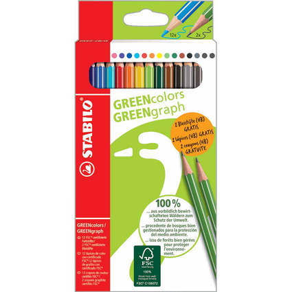 STABILO Crayon de couleur GREENcolors, tui promo 12+2