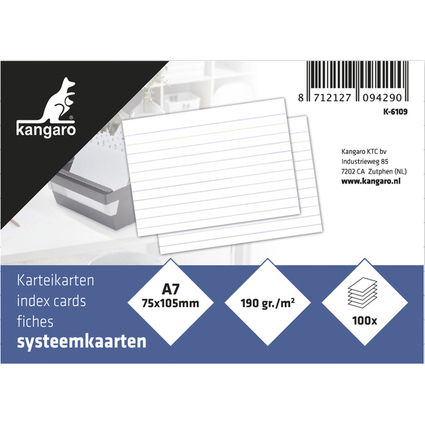 kangaro Fiches bristol, 105 x 750 mm, lign, blanc