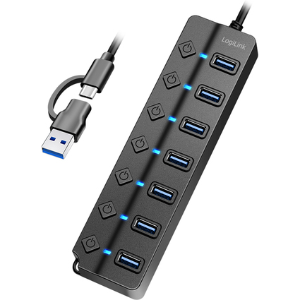 LogiLink Hub USB 3.2, 7 ports, avec interrupteurs, noir