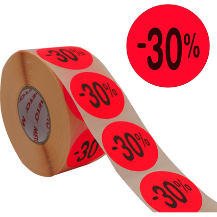 METO tiquette promotionnelle "-30%", rond, rouge fluo