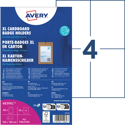 AVERY Pochette badge XL, en carton, 105 x 148 mm