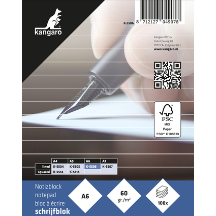 kangaro Bloc-notes A6, lign, 100 feuilles