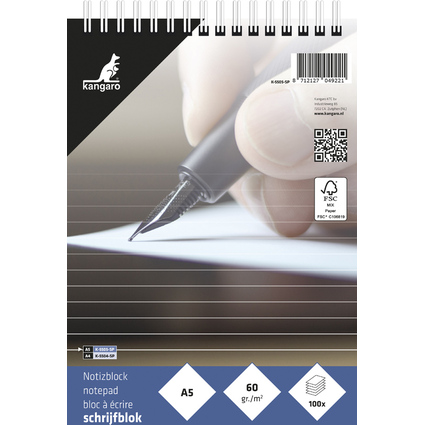 kangaro Bloc-notes  spirale, A5, lign, 100 feuilles