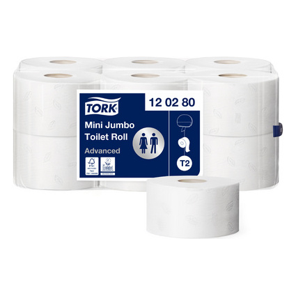 TORK Papier toilette en mini rouleau Jumbo, 2 couches, blanc