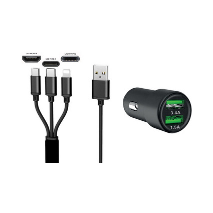 IWH Chargeur USB pour voiture "3EN1", 12/24 V, noir