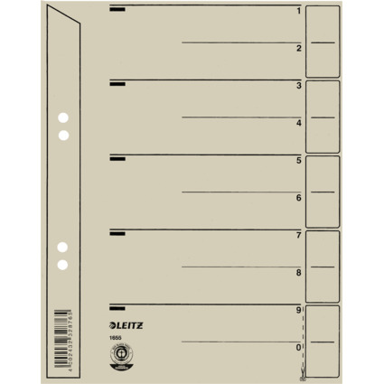 LEITZ Intercalaires, format A5, carton solide 200g/m2, gris