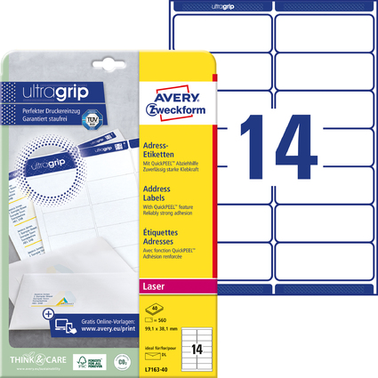 AVERY Zweckform Etiquettes adresse QuickPEEL, 99,1 x 38,1 mm