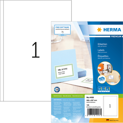 HERMA Etiquette universelle PREMIUM, 200 x 297 mm, blanc