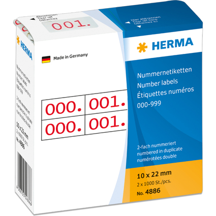 HERMA Etiquette numrique 0-999, 10 x 22 mm, rouge, double