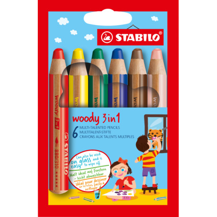 STABILO Crayon multi-talents woody 3 en 1, tui carton de 6