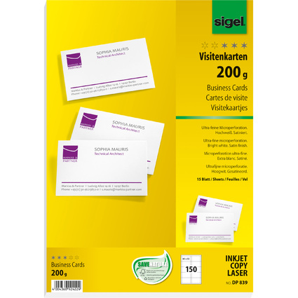 sigel cartes de visite, 85 x 55 mm, 200 g/m2, extra blanc