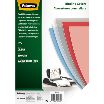 Fellowes couverture, format A4, pvc, 0,18 mm, transparent
