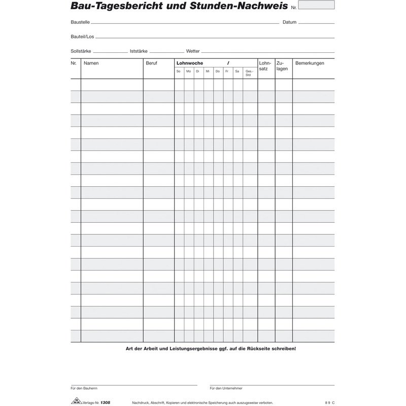 Rnk Verlag Vordruck Bau Tagesbericht Und Stundennachweis 1308 Bei Fr Officeb2b Ch Gunstig Kaufen Bautagesbericht pdf schnell effizient nach vob & önorm vom tablett oder smartphone ► jetzt entdecken. rnk verlag vordruck bau tagesbericht und stundennachweis