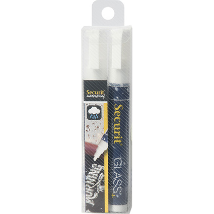 Securit Feutre-craie WATERPROOF MEDIUM, blister de 2, blanc